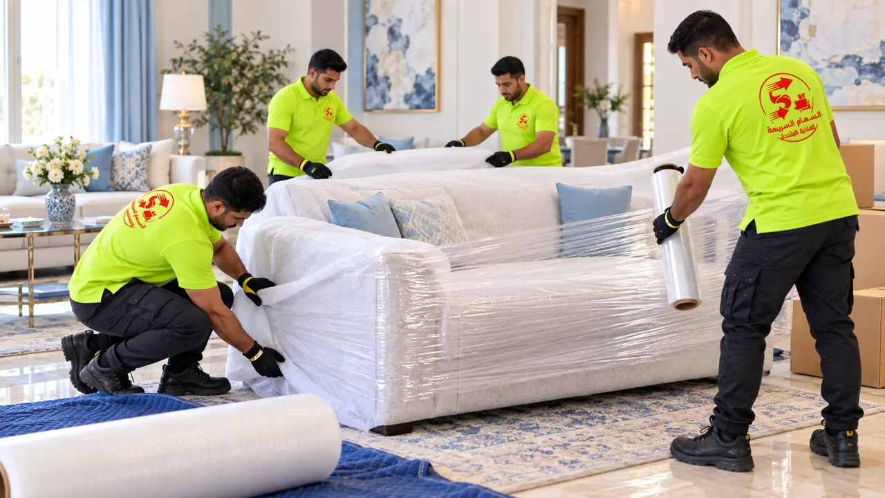 صورة توضيحية لفريق بالزي الرسمي أثناء تغليف الكنب