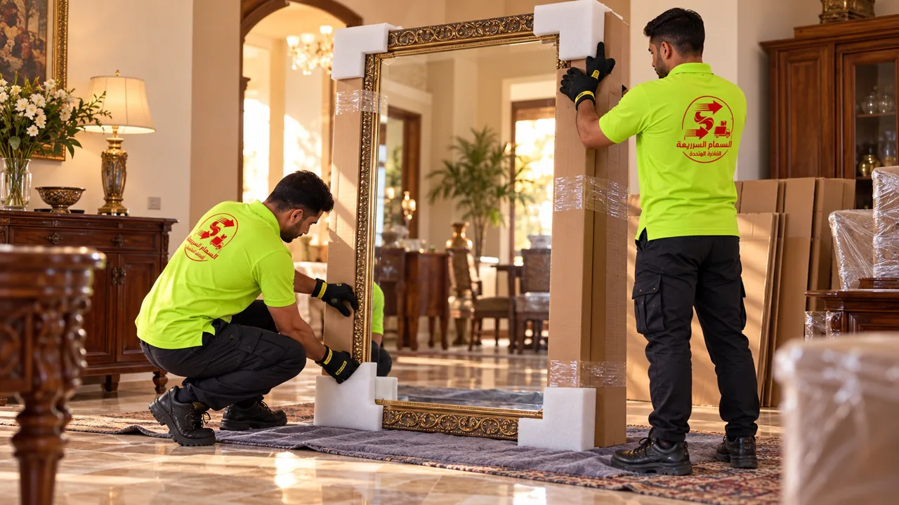 صورة توضيحية: عاملان يضيفان حماية للحواف والزوايا حول مرآة كبيرة