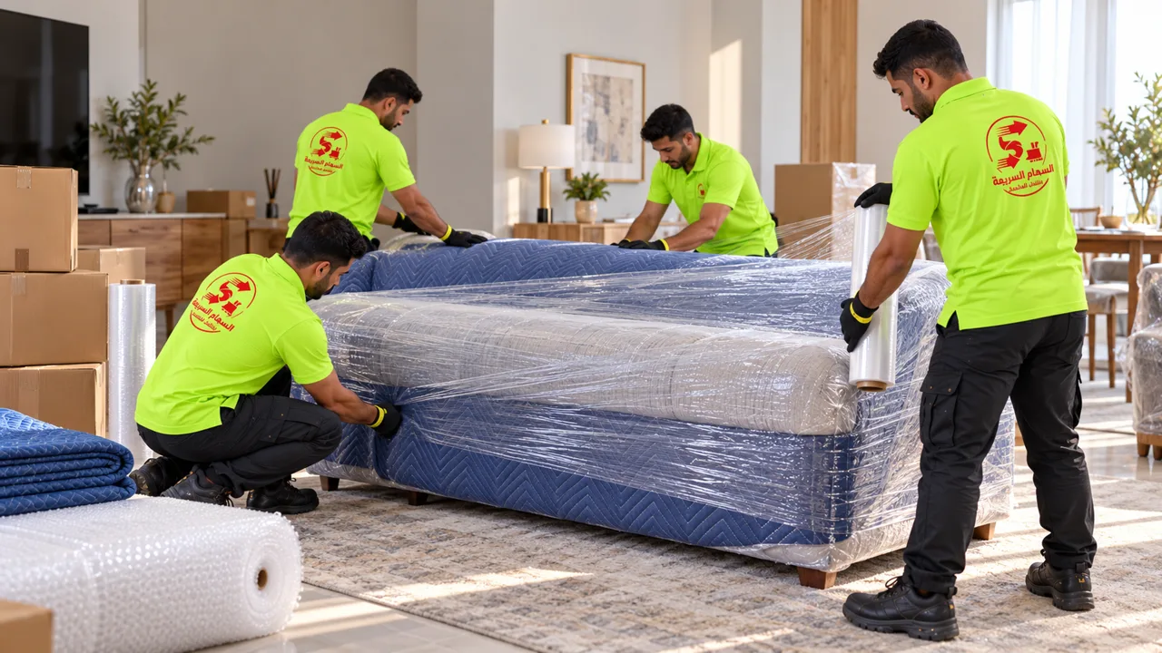 صورة توضيحية لفريق بالزي الرسمي أثناء تغليف الكنب