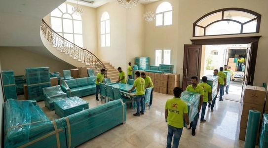 فريق نقل عفش يعبئ غرفة جلوس في فيلا بالدمام باستخدام حماية للأثاث