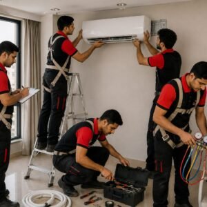مجموعة من فنيي التكييف يرتدون زيًا موحدًا باللونين الأسود والأحمر ويقومون بتركيب وصيانة وحدة تكييف داخلية.