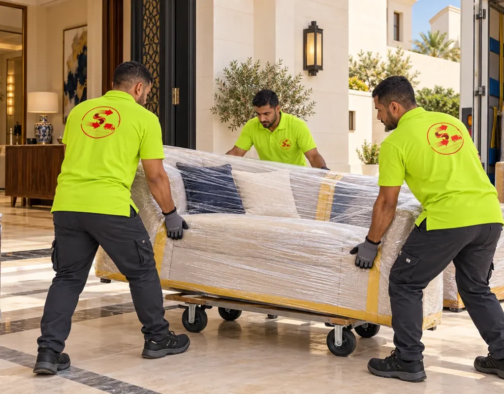 نقل عفش من خميس مشيط الى مدينة الملك عبدالله الاقتصادية — تجهيز كنب محمي على عربة نقل (صورة توضيحية)