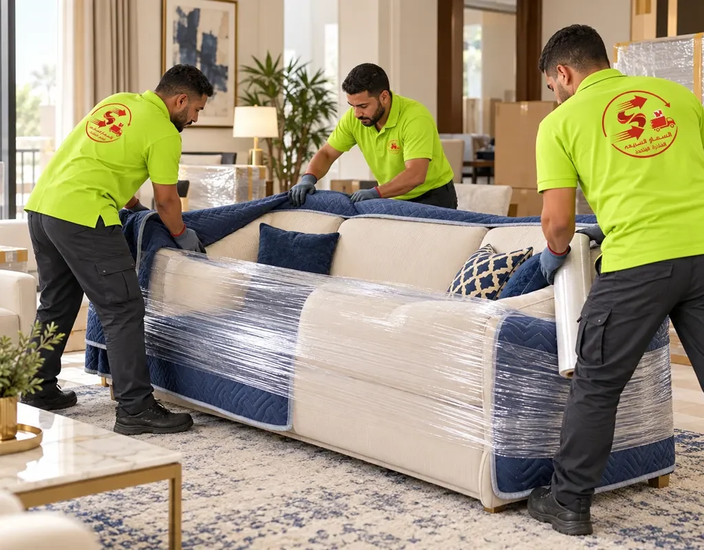 نقل عفش من تبوك الى الباحة — تغليف كنب ببطانيات حماية (صورة توضيحية)