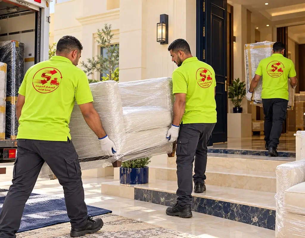نقل عفش من مدينة الملك عبدالله الاقتصادية الى أبها — تنزيل أثاث مغلف عند مدخل منزل (صورة توضيحية)