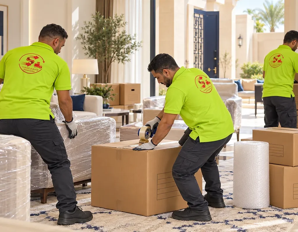 نقل عفش من الباحة الى الظهران — تجهيز كراتين الأثاث وإغلاقها (صورة توضيحية)