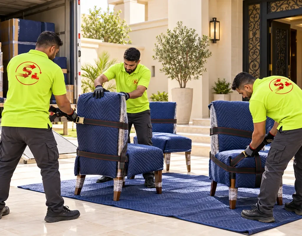 نقل عفش من الطائف الى جازان — حماية كراسي طعام وربطها (صورة توضيحية)