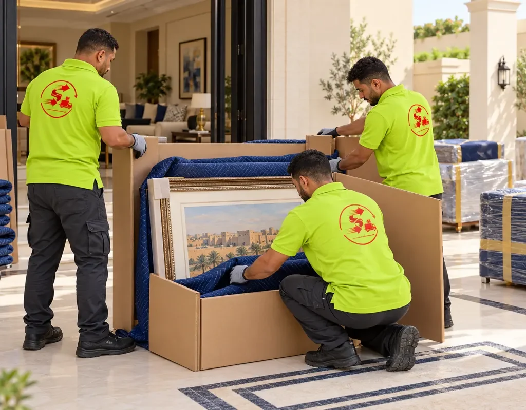 نقل عفش من تبوك — حماية لوحات بإطارات أثناء التجهيز (صورة توضيحية)