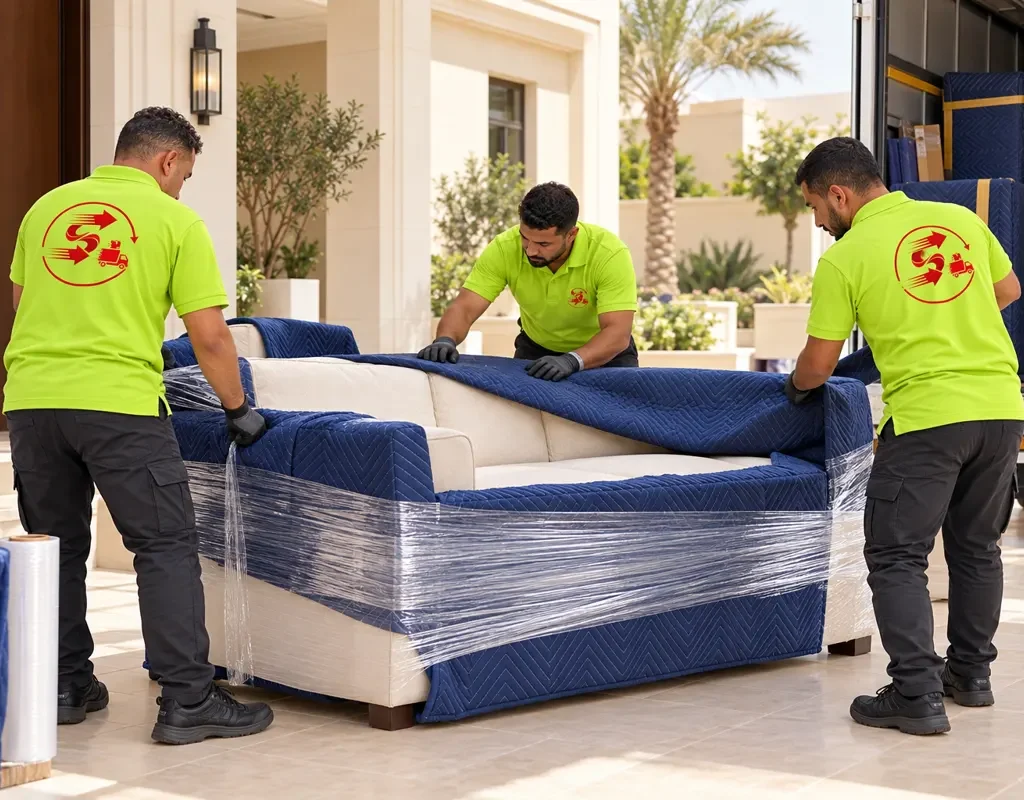 نقل عفش من ينبع الى المدينة المنورة — تغليف كنب ببطانيات حماية (صورة توضيحية)