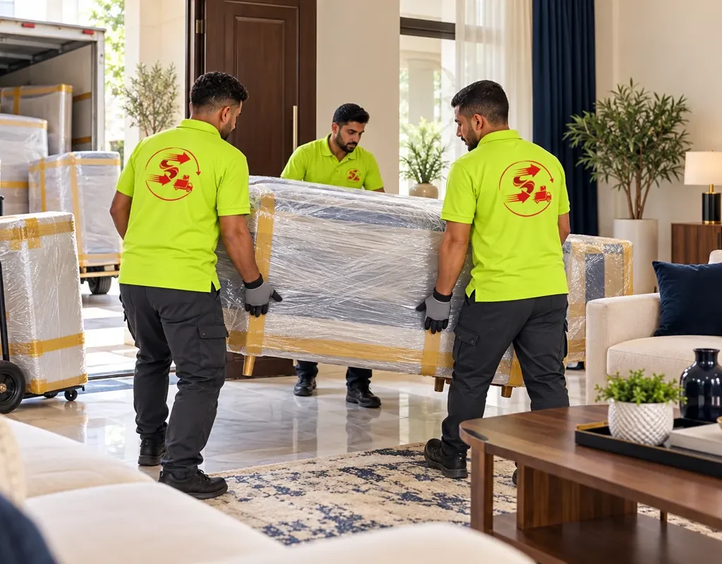 نقل عفش من خميس مشيط الى رابغ — تنزيل أثاث مغلف عند مدخل منزل (صورة توضيحية)