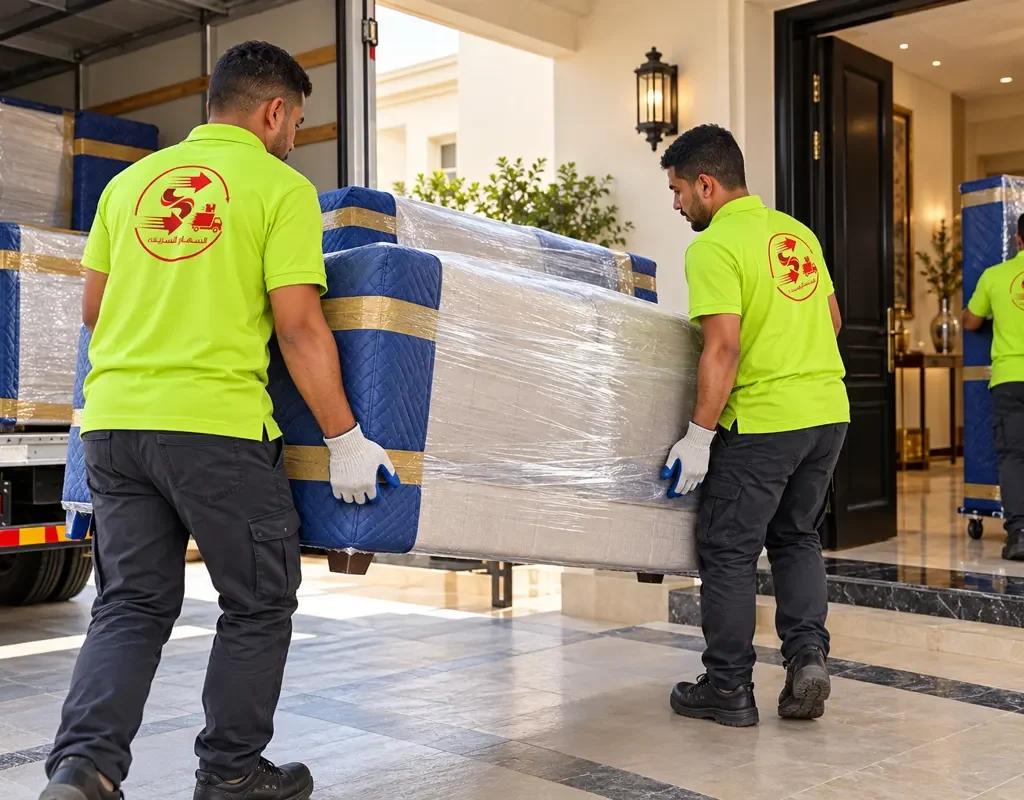 نقل عفش من الرياض الى الأحساء — تنزيل أثاث مغلف عند مدخل منزل (صورة توضيحية)