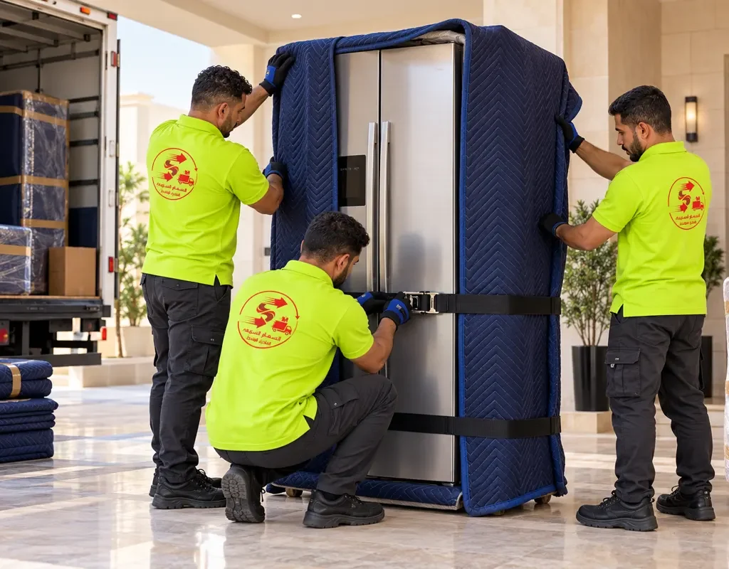 نقل عفش من الباحة الى مدينة الملك عبدالله الاقتصادية — تغليف ثلاجة استعدادًا للنقل (صورة توضيحية)