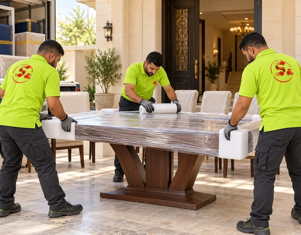 نقل عفش من أبها الى الدمام — حماية طاولة طعام خشبية بزوايا مبطنة (صورة توضيحية)