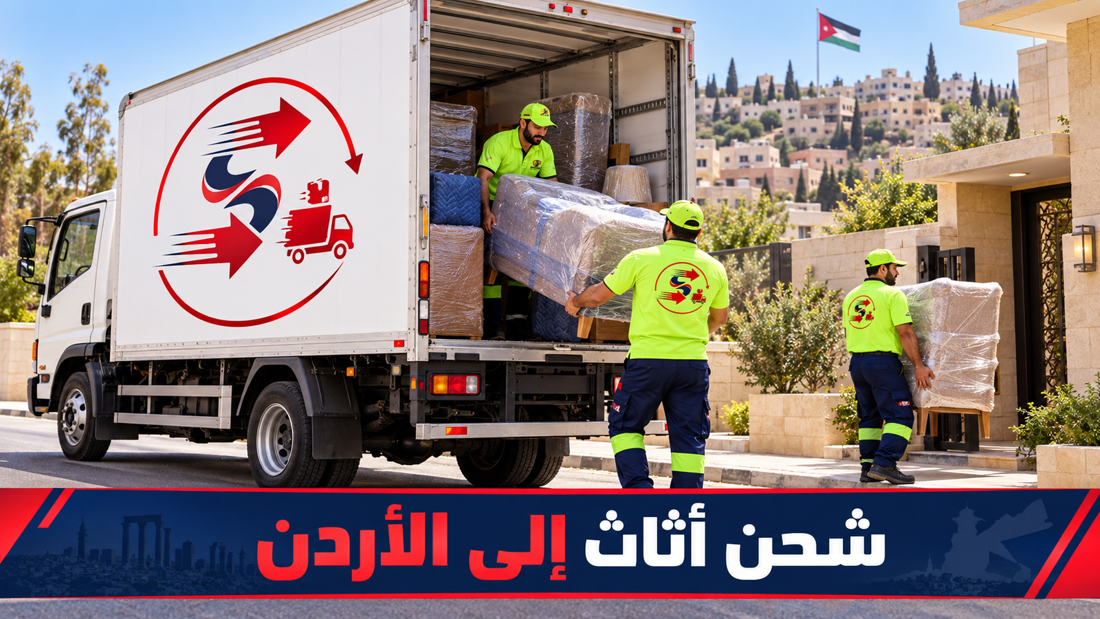 تصميم توضيحي لشحن الأثاث إلى الأردن بفريق عمل وشاحنة مغلقة