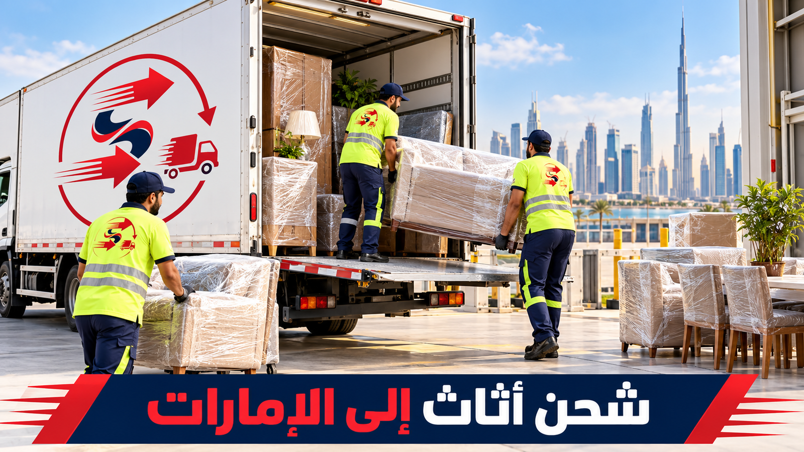 تصميم بالذكاء الاصطناعي لتجهيز وتحميل الأثاث للشحن الدولي بشعار السهام السريعة