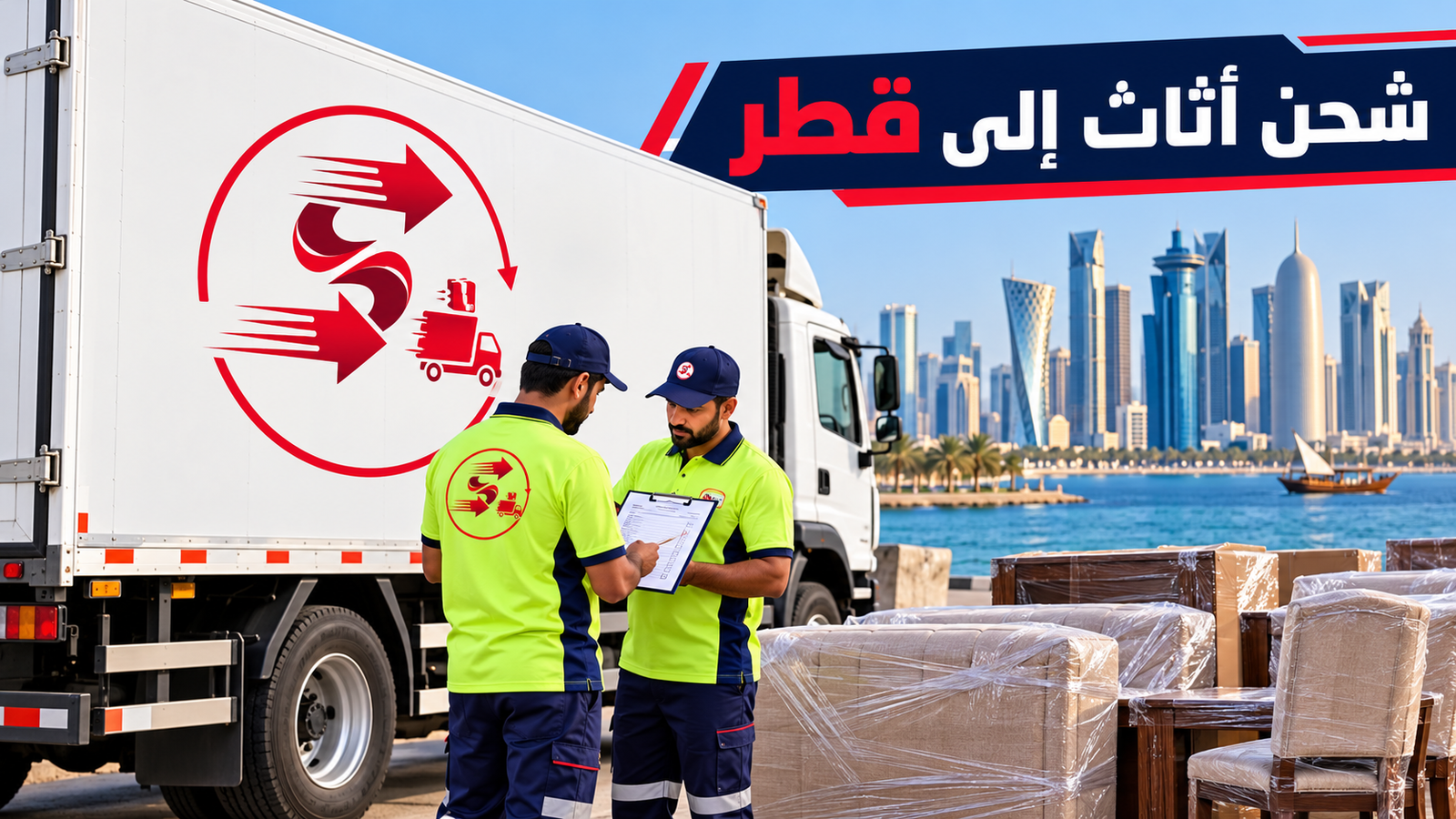 تصميم توضيحي لشحن الأثاث إلى قطر بفريق عمل وشاحنة مغلقة